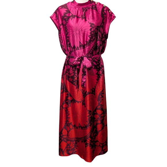 Ann Taylor Womens Sz LT NWT Pink Red Floral Mock Neck Tie Belt Midi Sheath Dress - Picture 1 of 9